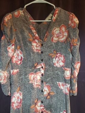 Floral Button-Front Midi Dress in Brown and Pink